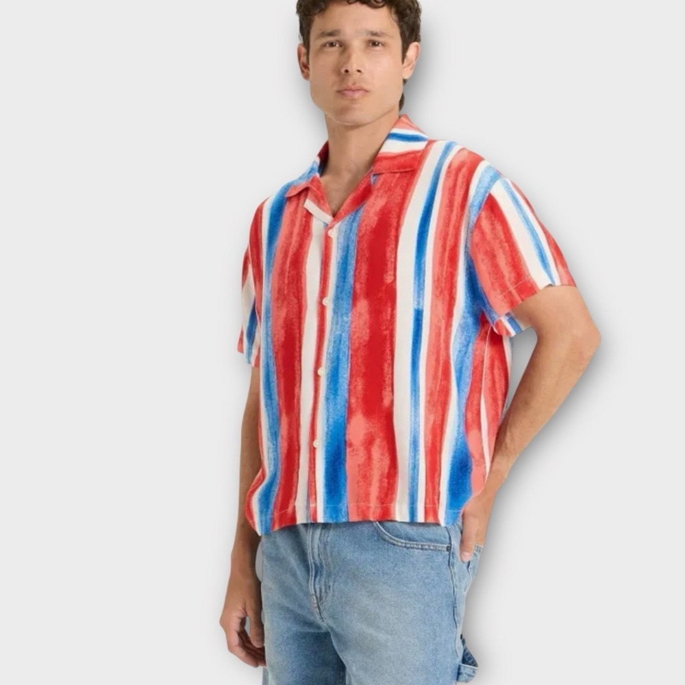 New Original Use Mens 100% Rayon Striped Button Down Shirt Size L Red White Blue - Picture 2 of 11